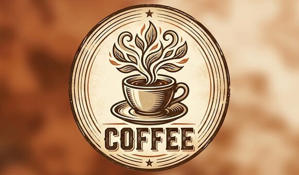 Vintage-style circular coffee logo featuring a steaming cup with swirling organic leaf patterns and bold classic typography