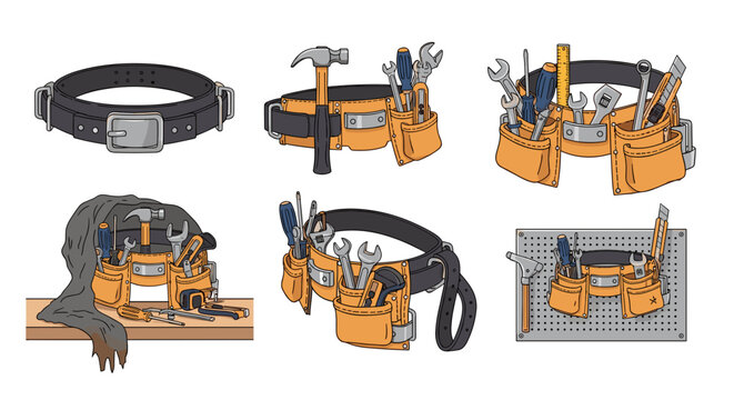Collection of tool belts and tools for construction and DIY projects