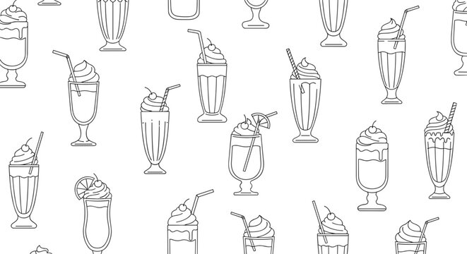 Seamless pattern of hand drawn milkshakes and ice cream drinks in outline style on white background