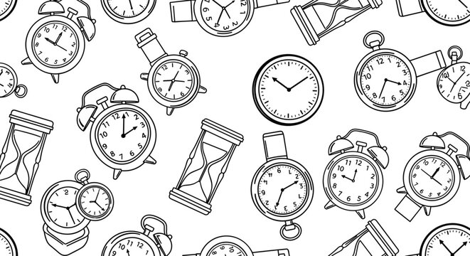 Seamless pattern of various clocks and hourglasses in a hand drawn sketch style