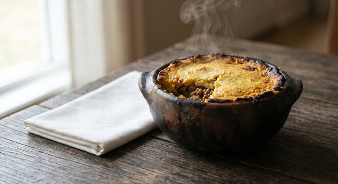 Chilean Pastel de Choclo Corn Pie in Clay Pot with Copy Space
