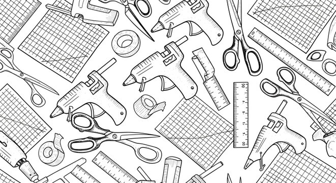 Seamless pattern of crafting tools including scissors rulers hot glue guns and tape on white background
