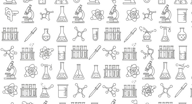Seamless Pattern of Science and Chemistry Icons Hand Drawn Style