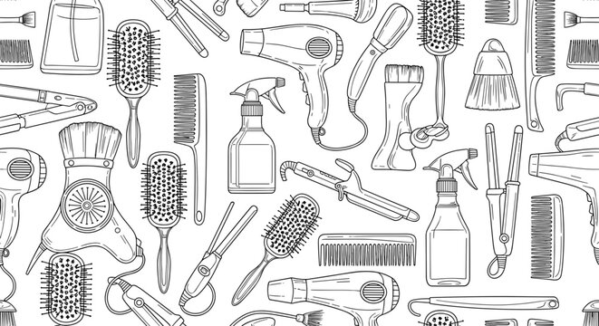 Hairdressing Tools and Accessories Seamless Pattern Black and White Line Art