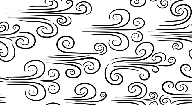 Seamless pattern of stylized wind gusts and swirls in black and white hand drawn style