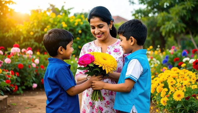 Happy mother and sons with flowers.