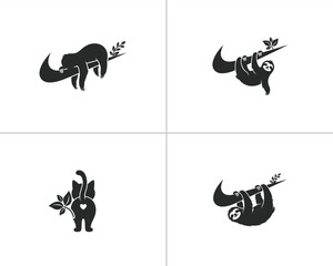 Obraz premium Minimalist black and white featuring stylized sloths hanging on branches and a cute cat silhouette with a heart shape on its back for creative, Vector illustration