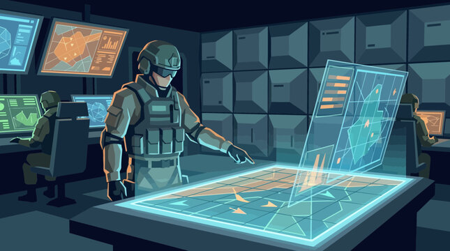 Soldier in futuristic command center with holographic display and team