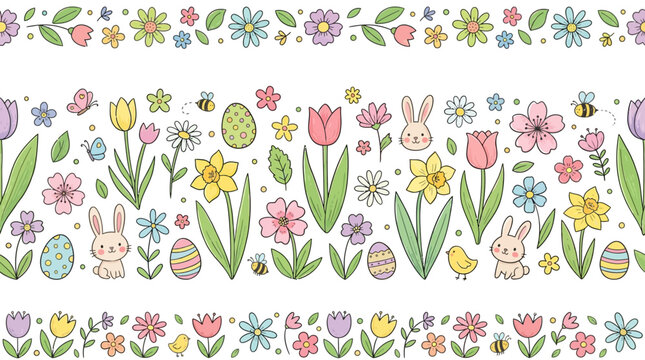 Colorful easter floral pattern with bunnies and eggs