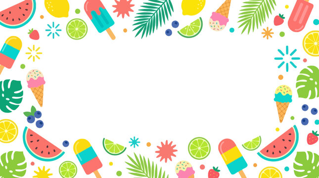 Colorful summer border with ice cream, fruits and leaves