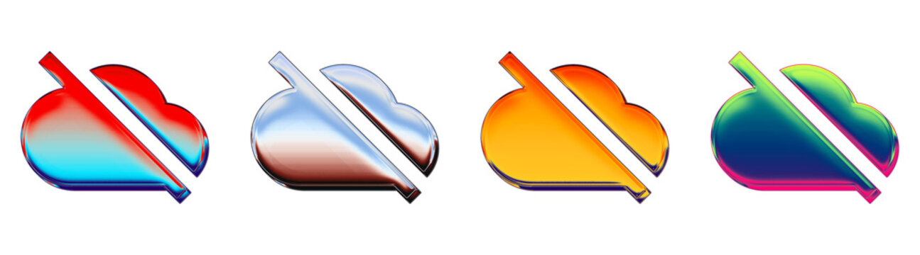 3D rendered liquid glass icon pack featuring unavailable cloud 2. Network connection and digital technology. Modern icon design. Glossy reflective surface detail.
