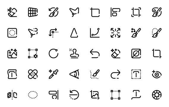 Photo Editing Tools icon set. Vector design pack. Includes Background, Perspective, History, Polygon, Brush, Mask, Crop, Text, Zoom, Sharpen, Curves, Selection, and more. Editable stroke.