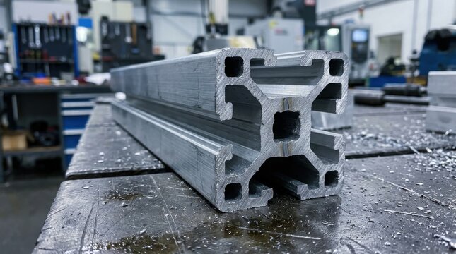 Close-up of a metallic aluminum profile with a complex cross-section, industrial setting.