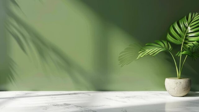 Green serenity: A serene corner features a vibrant potted plant basking in the soft interplay of light and shadow, the scene evokes a sense of tranquility and a touch of nature's beauty