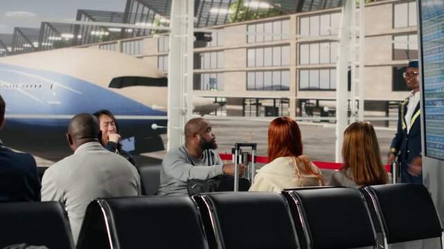 Upset passengers in airport agitated by gate agent giving bad news of delayed flights. Angry tourists crowd reacts to flight cancellation announcement made by airline personnel