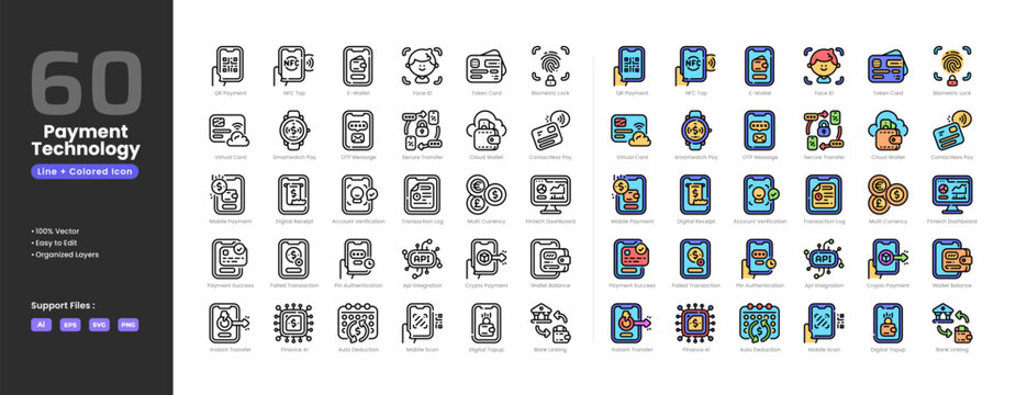 Payment technology icon set collection colored outline line art style. Biometric lock cloud wallet contactless pay cryptocurrency digital receipt topup face id failed transaction finance ai dashboard