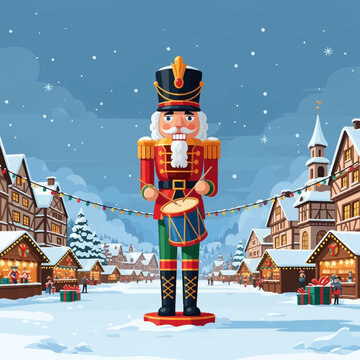 Vector illustration of a giant toy nutcracker soldier playing a drum in a snow-covered European village Christmas market square with festive stalls and traditional wooden houses.