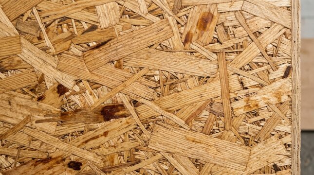Close-up of Oriented Strand Board - Detailed Texture and Wood Grain.