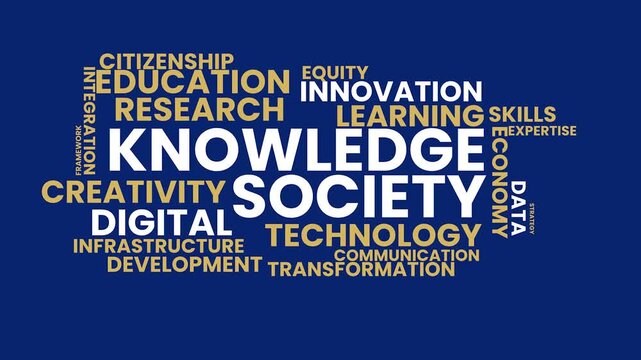 Knowledge Society and Technology Word Cloud: Illustrating interconnected concepts such as digital infrastructure, research, and innovation that drive societal progress.