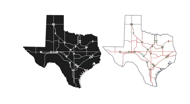 Texas Map: Interstate Highway System Silhouette and Detailed Road Network