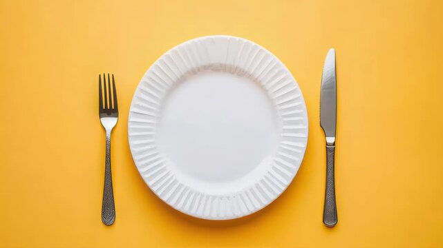 Table Setting Elegance: A minimalist table setting presents a pristine white plate flanked by a polished fork and knife against a vibrant yellow backdrop, ready for a culinary experience.