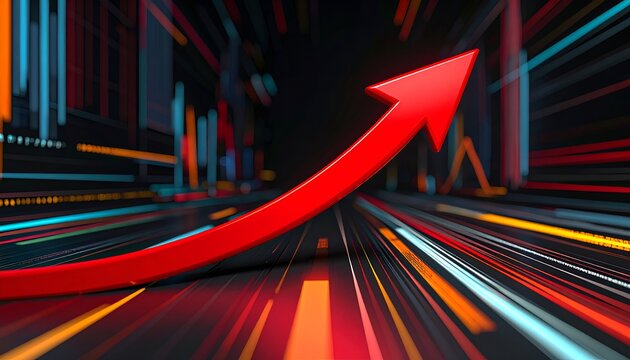Bold red arrow soars through glowing digital streets. Light streaks pulse in orange, blue, and white