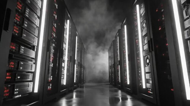 Dark data center with rows of servers and glowing white lights generating fog and vapor