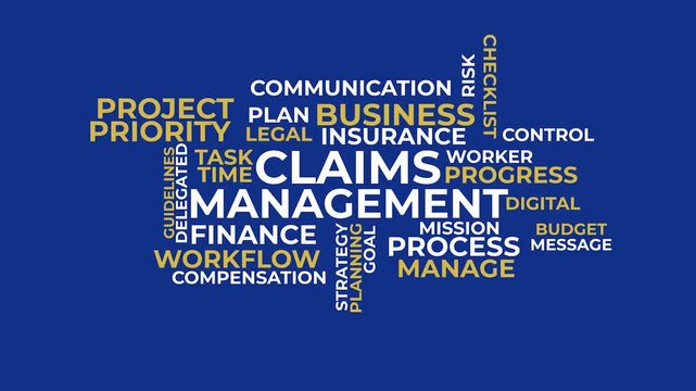Claims Management Word Cloud: A dynamic composition of words illustrating the core aspects of claims management, providing a visual representation of the key concepts involved.