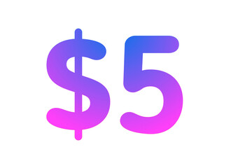 Obraz premium Colorful neon price tag illustration showing “$5” on transparent background with vibrant pink and blue gradient glow. Modern glowing typography design perfect for sale promotion