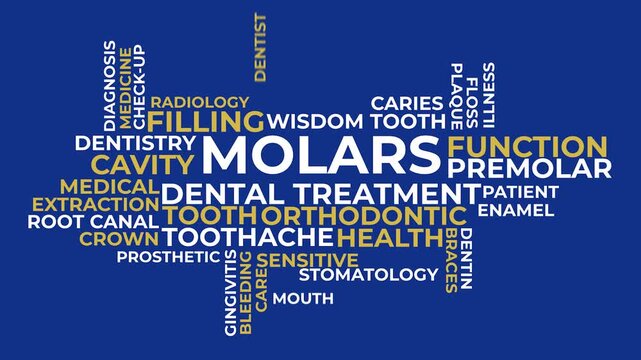 Dental Health Word Cloud: A comprehensive word cloud, meticulously crafted against a deep blue canvas, vividly illustrates an array of dental and oral health terminologies.