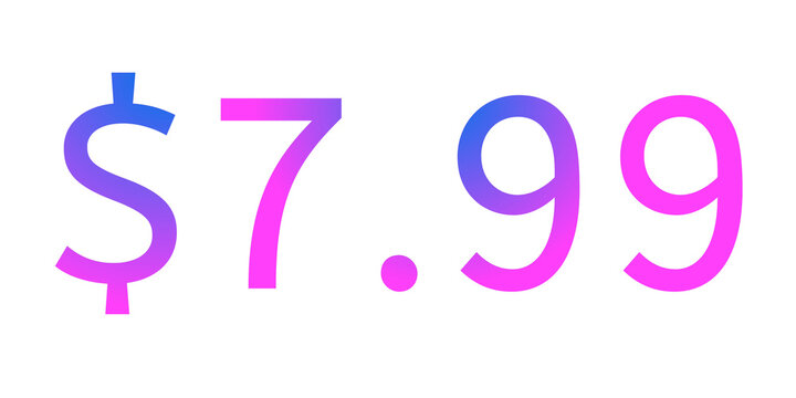 Colorful neon price tag illustration showing &ldquo;$7.99&rdquo; on transparent background with vibrant pink and blue gradient glow. Modern glowing typography design perfect for sale promotion