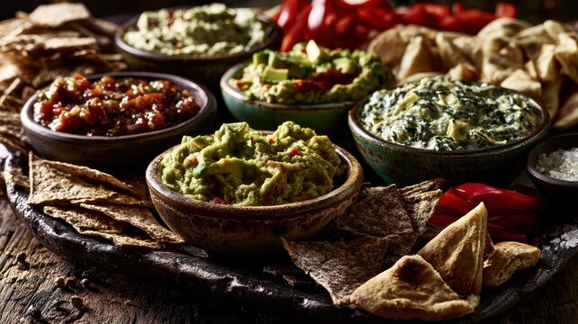 Mexican dip assortment arranged on a rustic platter with crispy tortilla chips and pita bread in moody cinematic lighting for restaurant marketing