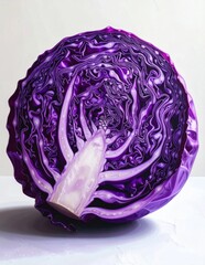 Obraz premium Fresh red cabbage cross section showing intricate veined leaf patterns and vibrant purple hues against a neutral surface