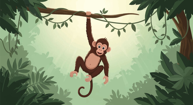 Illustration of a brown cartoon monkey hanging from a tree branch in a dense tropical jungle with lush green foliage, hanging vines, and soft atmospheric sunlight rays.