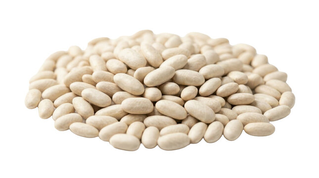 A pile of dried white cannellini beans, a healthy legume, presented in a close-up studio shot with a clean white background and soft lighting.