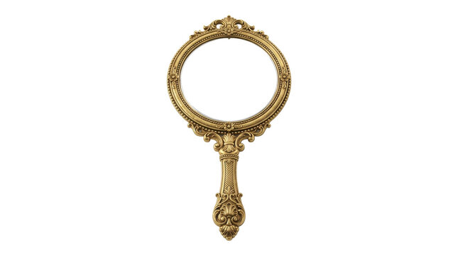 An ornate golden hand mirror with intricate scrollwork, presented in a studio shot with a clean white background, evoking a sense of vintage elegance.