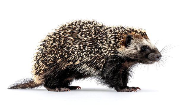 A profile view of a porcupine standing isolated on a white background.