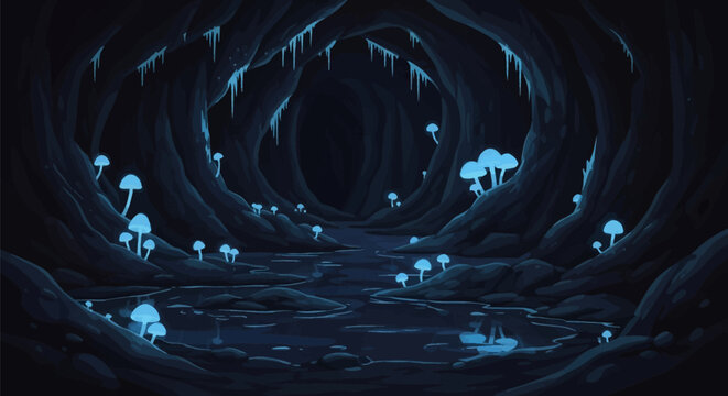 Vector illustration of a dark underground cave featuring glowing blue bioluminescent mushrooms, stalactites hanging from the cavern ceiling, and reflections in a subterranean pool of water.