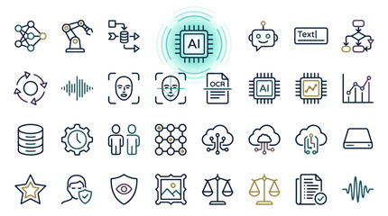Fototapeta premium Vector Icons Set of Artificial Intelligence and Machine Learning Line Icons.