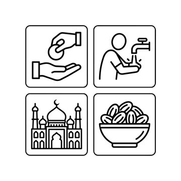 Islamic Ramadan Activities Line Icon Set with Charity Wudhu Mosque and Dates