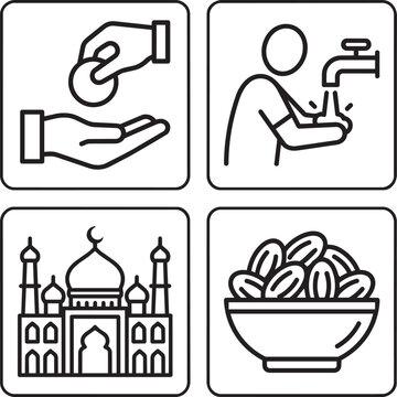 Islamic Ramadan Activities Line Icon Set with Charity Wudhu Mosque and Dates