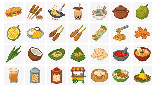 Vector Icons Collection of Southeast Asian Indonesian Food and Traditional Culinary Icon Set.