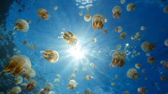 Underwater View of a Large Swarm of Golden Jellyfish with Bright Sunlight Rays