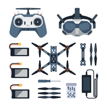 Drone components and accessories flat illustration kit