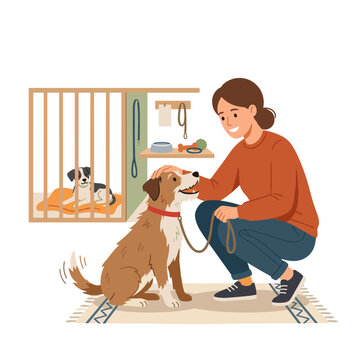 Woman petting a happy dog in front of a dog crate