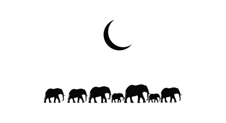Elephant family walking under a stylized crescent moon silhouette © hb07822552