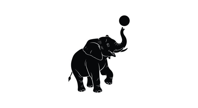 Black outline of elephant performing trick with spherical object using its trunk. Minimalist design.