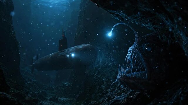 Deep Sea Exploration Submarine and Giant Bioluminescent Anglerfish Monster