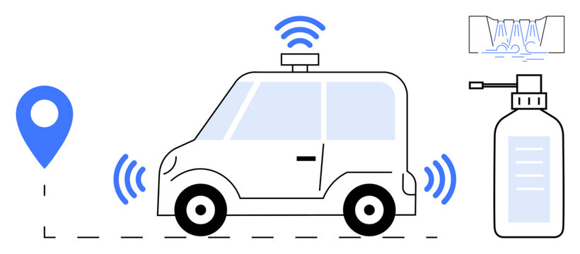 Smart transportation, autonomous driving, technology innovation, GPS navigation, wireless communication, IoT integration. Self-driving car with signals, GPS icon and sensor spray system. Smart