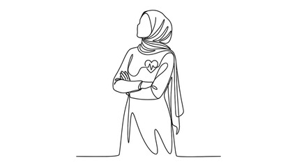Obraz premium Continuous one line drawing of a woman wearing a hijab standing with arms crossed.